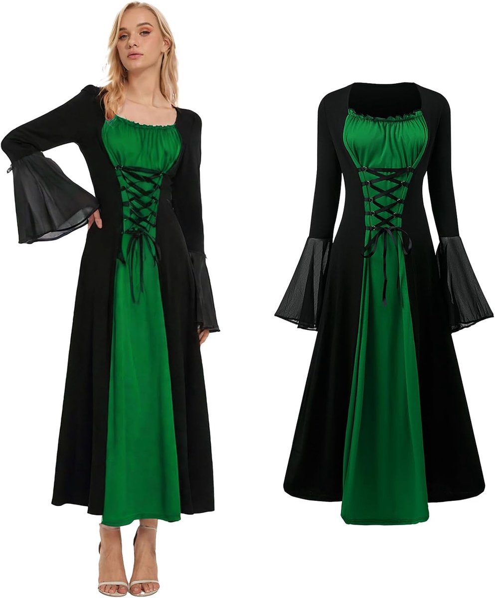Renaissance-jurk voor dames, middeleeuws kostuum voor dames, met trompetmouwen, gothic, Victoriaanse jurk, voor carnaval, Halloween, feest