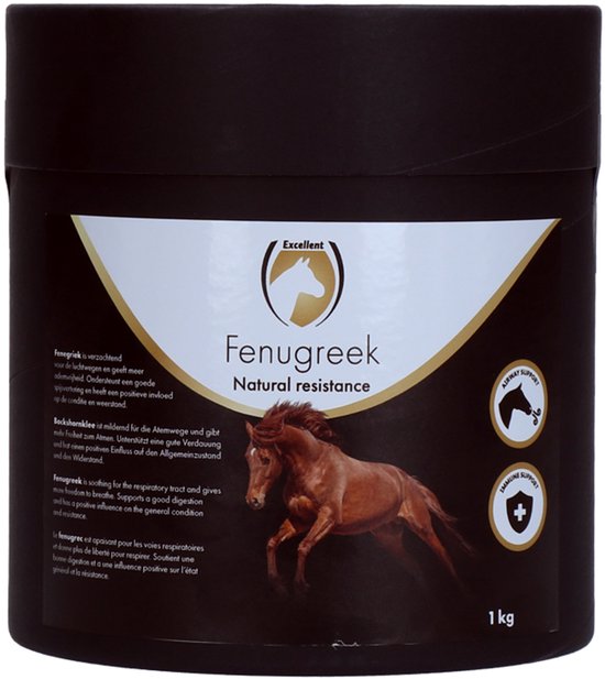 Bruine verpakking Excellent Fenegriek, natuurlijke weerstand. Met afbeelding van rennend bruin paard.