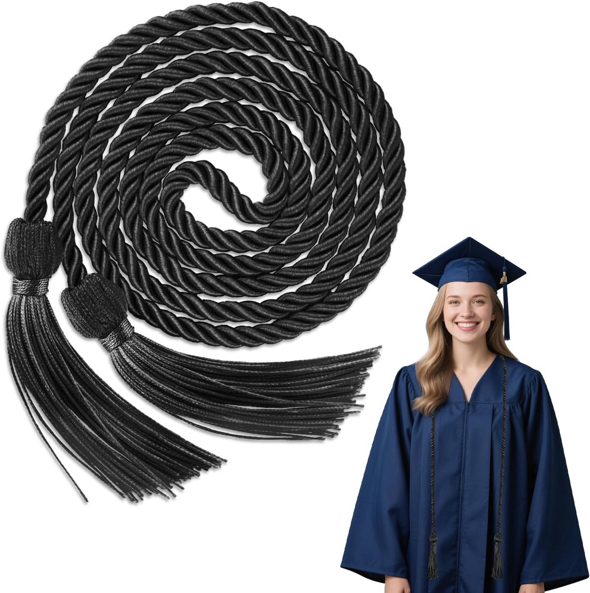 Ereenkoord voor afstudeerfeest, eretouw, 170 cm met lange kwastjes, voor afstudeerfeest, afstudeerfeest, zwart