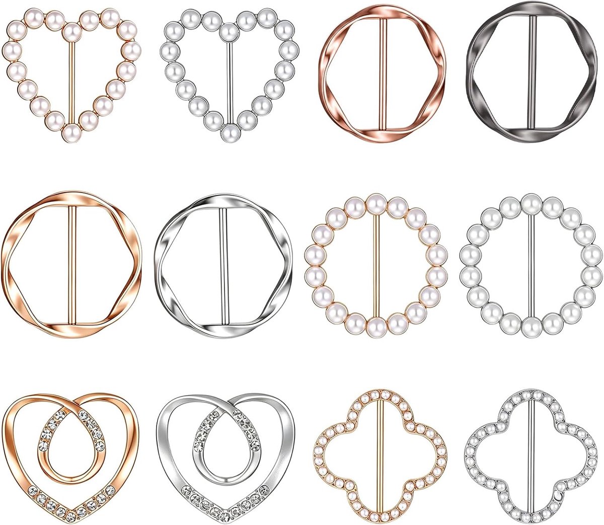 12 stuks sjaalringen, metaal, strass, doekring, riemgesp, dames