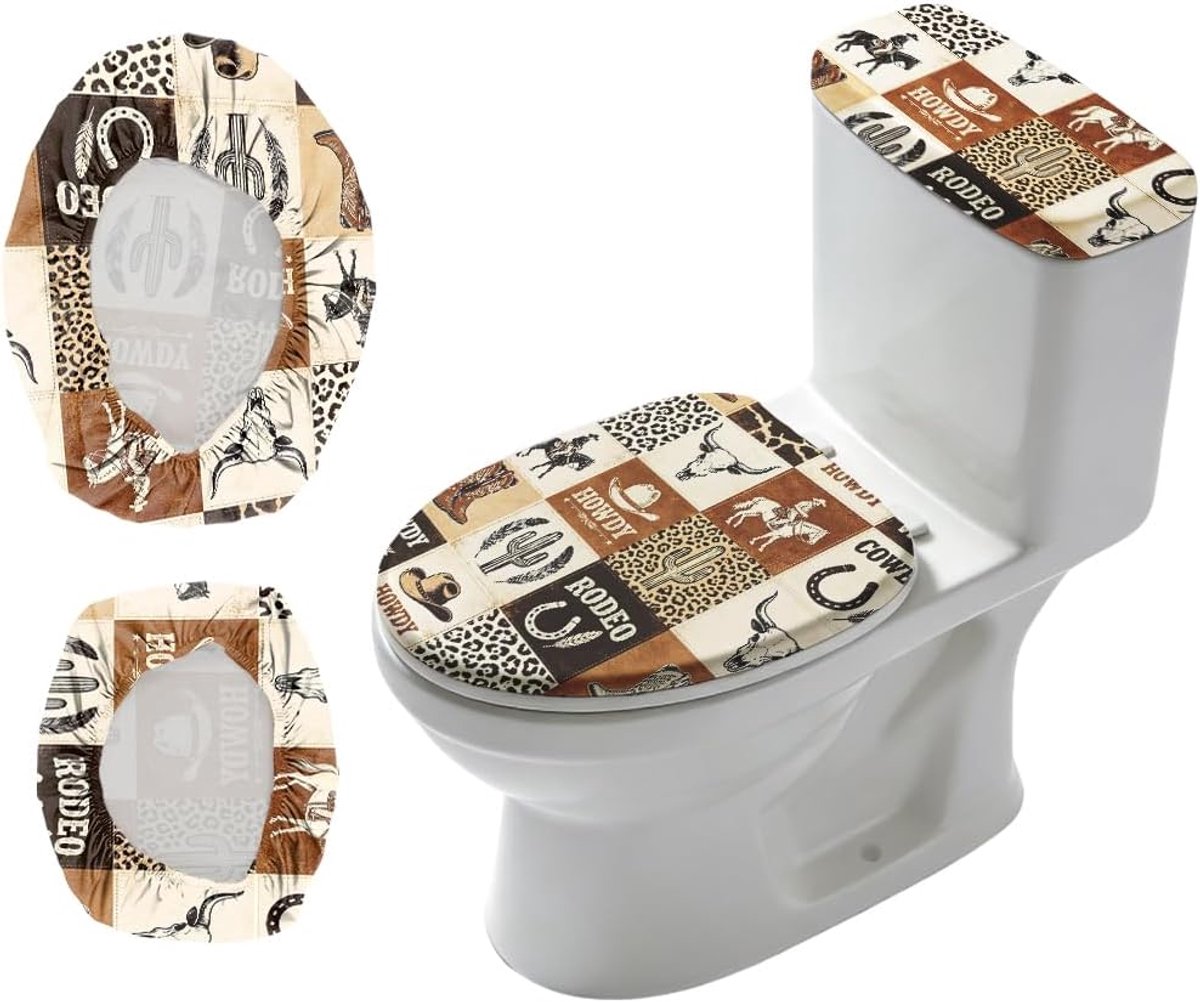 2 stuks Western Cowboy Toilet Deksel Cover en Tank Cover Set Vintage Stretch Cover Set Toilet Stoffen Sets Machine Wassen Past Ronde Langwerpige Langwerpige voor Badkamer Vervanging