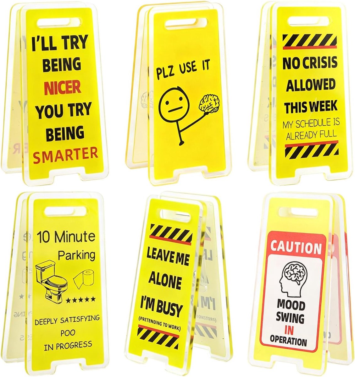 6 stuks grappige bureauaccessoires | acryliëne creatieve grappen kantoorartikelen | mini waarschuwingsbord bureau decoratie