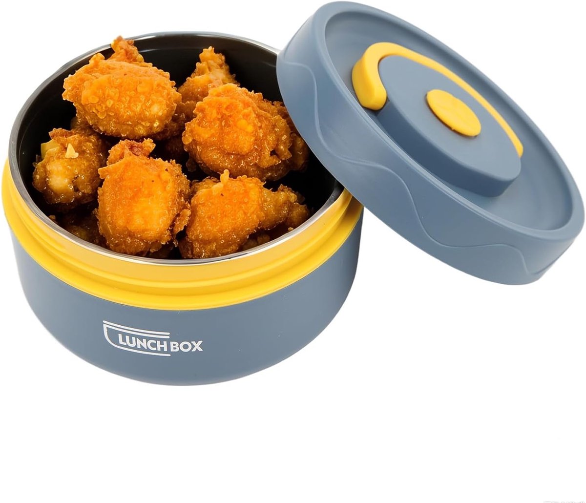 Thermocontainer met handvat, 420 ml, warme lunchcontainer, bento lunchbox, 304 roestvrij staal, dubbellaags, draagbaar, ronde vorm, thermische lunchcontainer (warmte-isolerend model - blauw)