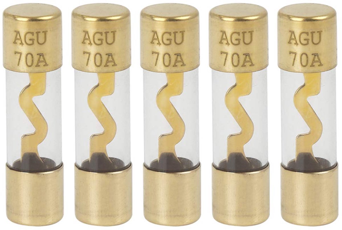 AUTOHAUX 5 x 70A AGU zekeringen: doorzichtige buis, goudkleurig, corrosiebestendig, past op auto-stroombeveiliging, audiosysteem en doe-het-zelvers