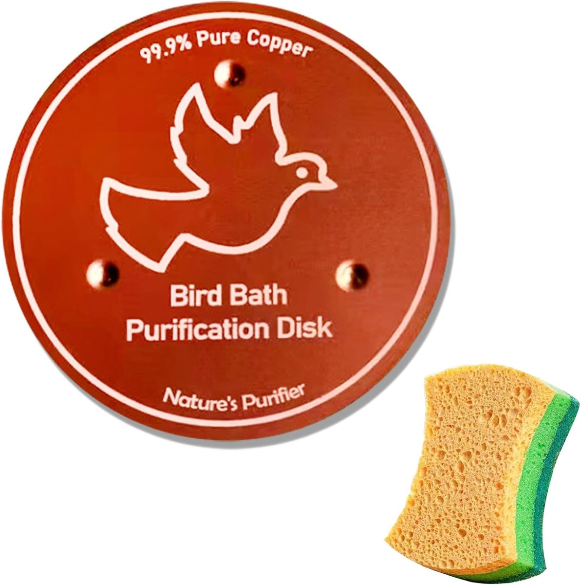 Dailygoods- Reinigingsschijf 99,9% puur koper - Antislip Spons - Drievoudige Puntenhouder - Geschikt voor Vogelschalen - Effectieve Waterreiniging - 1