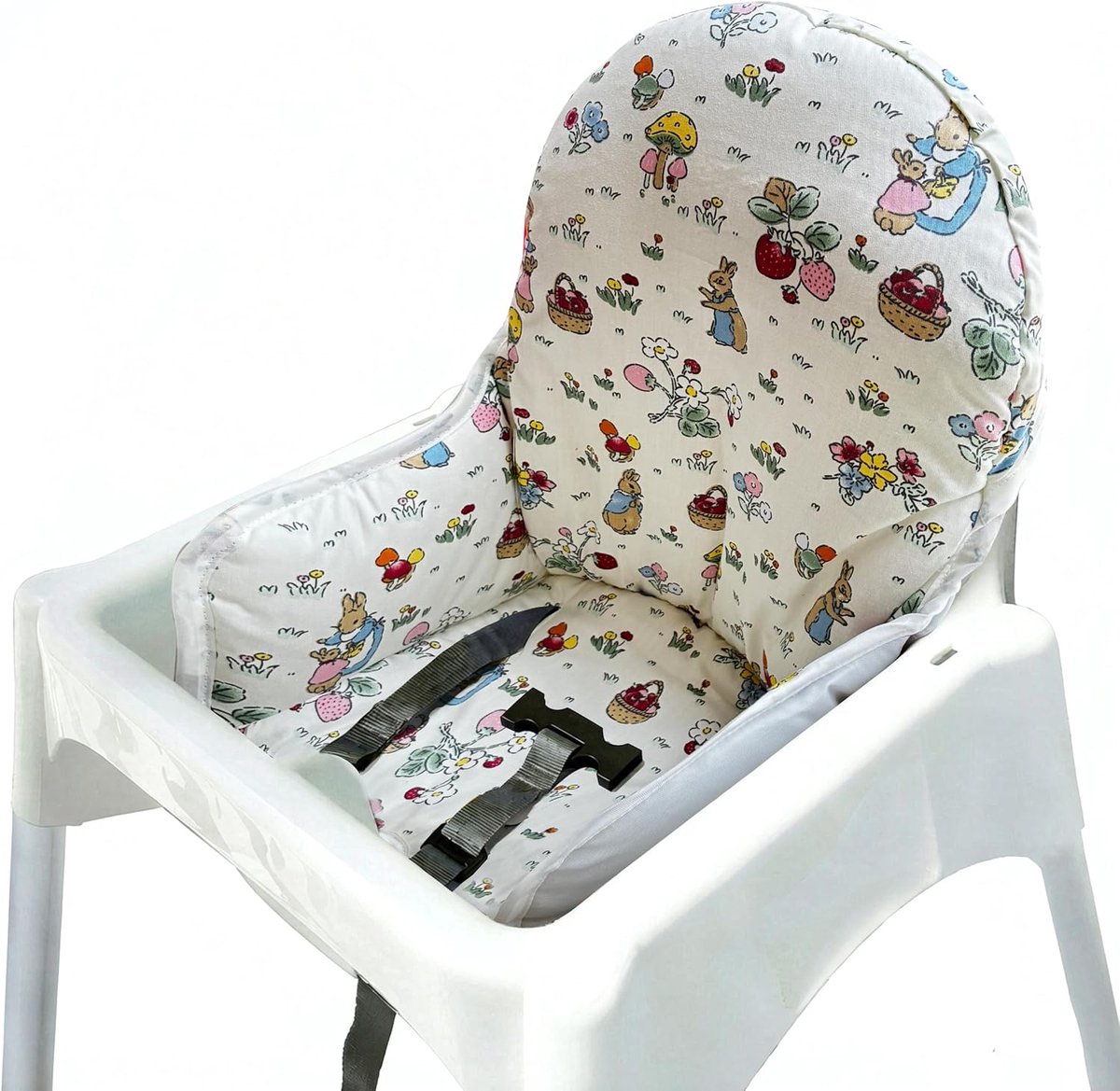 Katoenen stoelhoezen compatibel voor IKEA antilop kinderstoel, katoenen oppervlak en gewatteerd, konijnenkonijnpatroon, opvouwbare babystoelhoes voor antilop kinderstoelkussen (wit)