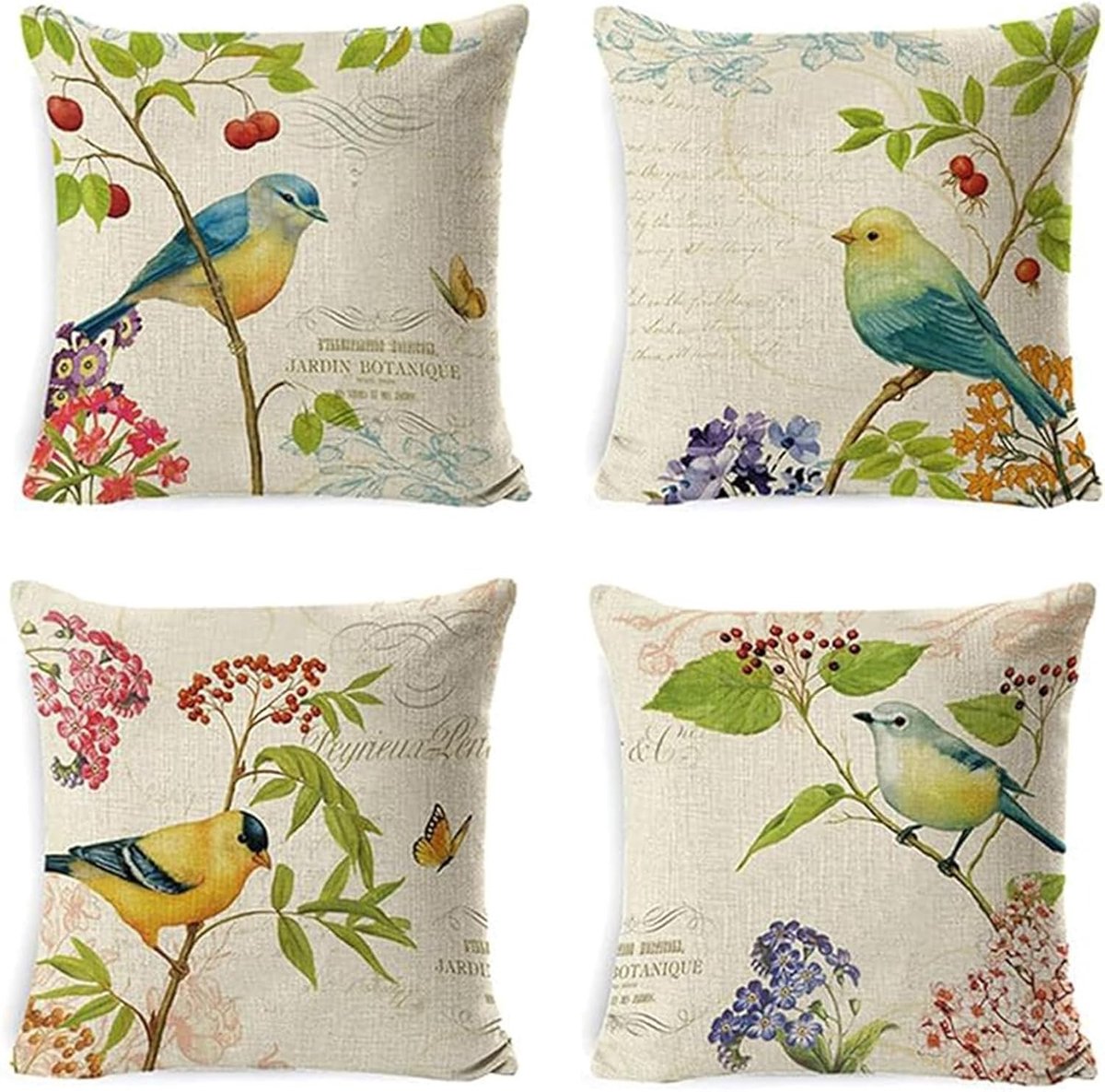 Set van 4 Kussenhoezen 45 x 45 cm met Bloemen en Vogels, Decoratieve Kussens voor Sofa, Slaapkamer en Woonkamer, Ideaal voor Thuisgebruik