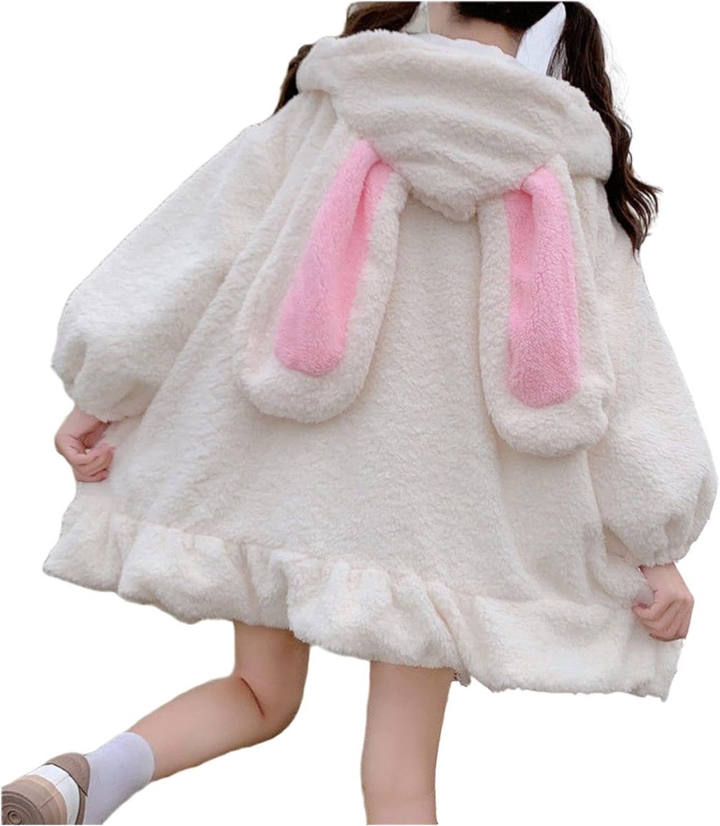 Bunny lange oor Zip Hoodie, konijnenkostuum, fleece uitloper Pom String Pluizige Fuzzy jas Japanse mantel cosplay jurk, Kleur: wit., L