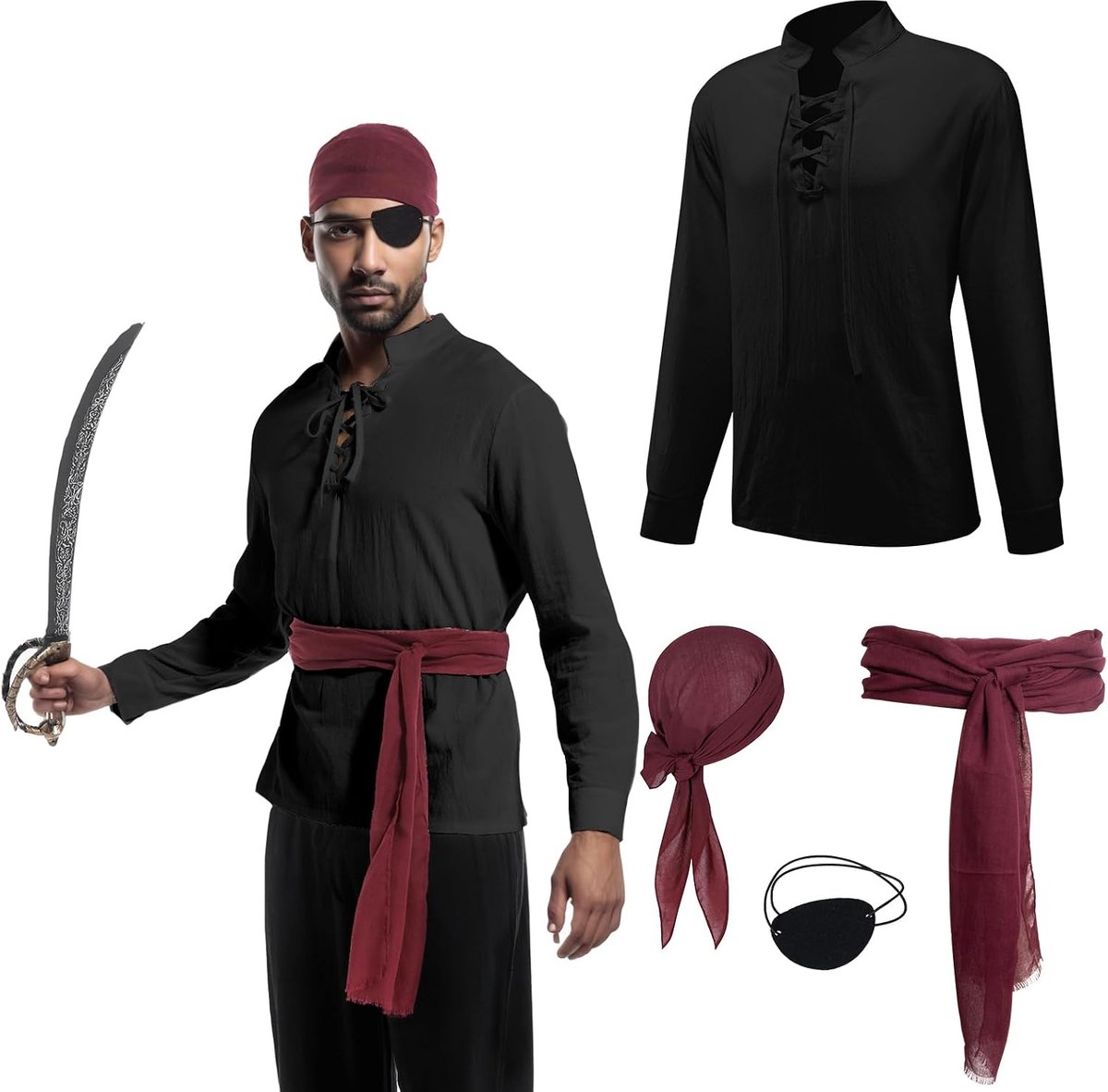 4-delig piratenkostuum voor volwassenen en heren, middeleeuws shirt met piraataccessoires voor Halloween, carnaval, feest