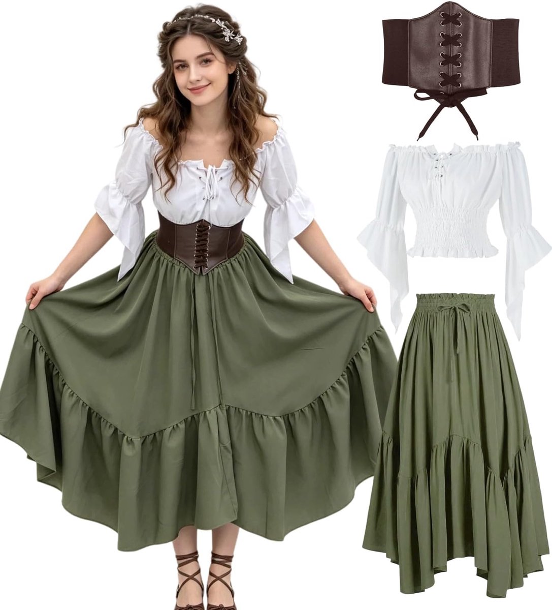 Kasahara Middeleeuwse kleding voor dames, renaissance-jurk voor dames, off-shoulder, trompetmouwen, blouse en maxi-rok met korset, retro, fee, piraten, heksenkostuums voor Halloween, carnaval, LARP
