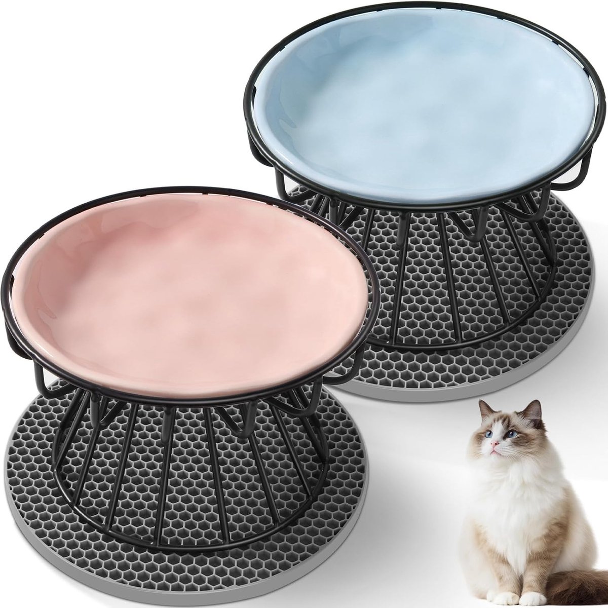 Set van 2 verhoogde kattenbak, keramische kattenbak met metalen standaard en antislipmat, anti-braken, kom voor kleine honden, roze + blauw