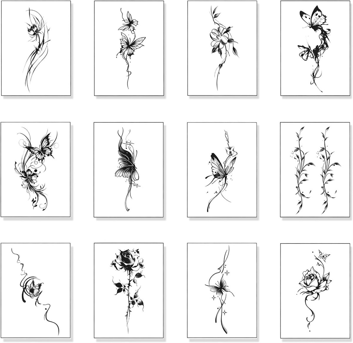 Tijdelijke tatoeages met vlinders en bloemen, zelfklevende tatoeages voor volwassenen, waterdichte nep-tatoeages voor feestjes, feestdagen, zwart, huidvriendelijk en gemakkelijk te