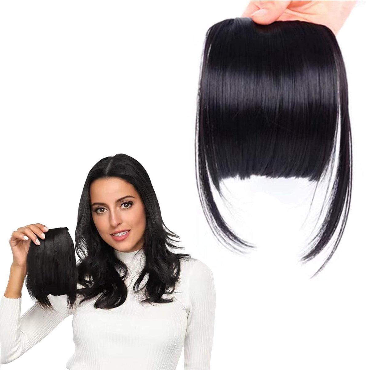 pony, haarstukje, echt haar, clip-in eendelige extensies, fringe verlenging, 100% menselijk haar, natuurlijk licht goud #6, pony, 14 cm - 9 g (zwart)