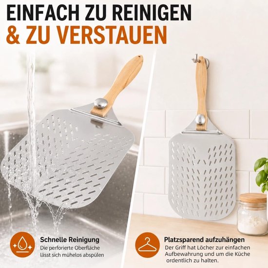 Aluminium pizzaschep van roestvrij aluminium, pizzaschep, professionele pizzaschep, XXL pizzaschep met gevormde gaten, pizzaschep (zilver) — afbeelding 4