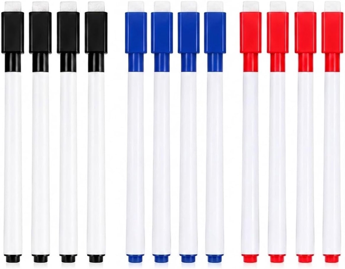 Whiteboardmarkers 12 stuks - zwart/blauw/rood - geïntegreerde gum - uitwisbaar voor onderwijsruimtes - ShopVlot