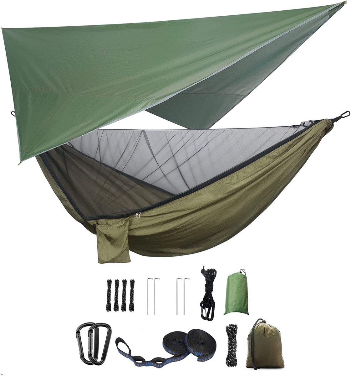 Hangmat Set, Enkele Dubbele Hangmat, Muskietennet, Insectennet, Regenvlieg, Hoge Sterkte Parachute Doek Hangmat. Geschikt voor buiten, wandelen, kamperen, reizen Legergroen