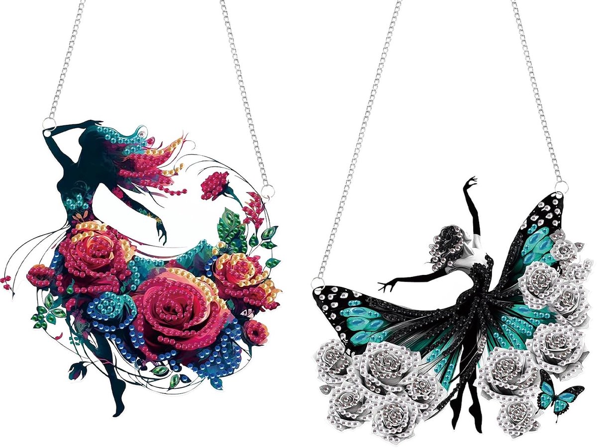 Set van 2 ballet diamant schilderij opknoping fee borduurwerk windgong DIY Fairy Diamond Painting hanger voor vrouwen borduurwerk diamant hangende ornamenten wanddecoratie geschenken engel