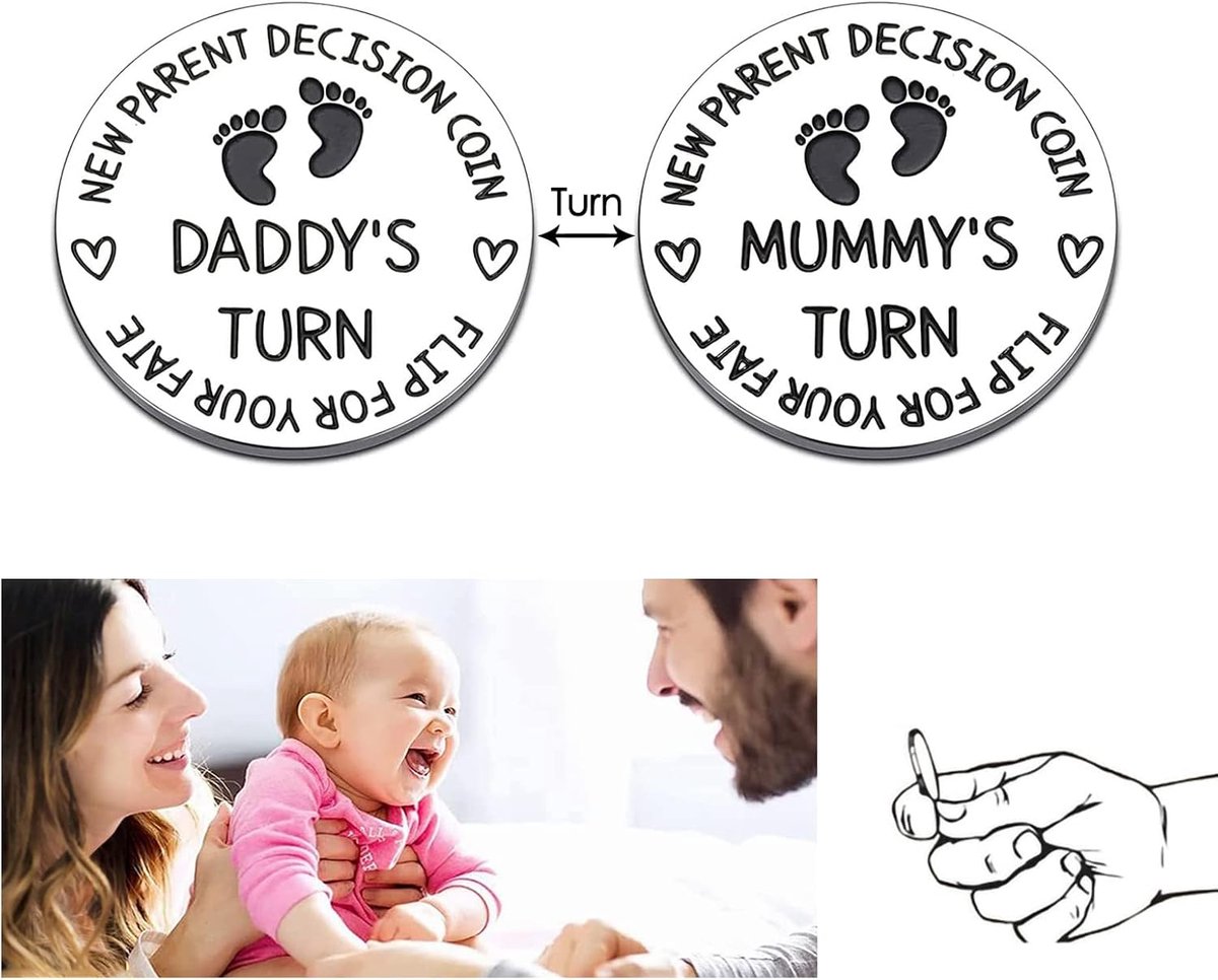 ouders, nieuwe papa, mama, cadeaus, grappige beslissingsmunt, doopcadeau voor meisjes en jongens, zwangerschapscadeau, geboortecadeau, gepersonaliseerde cadeaus voor baby's