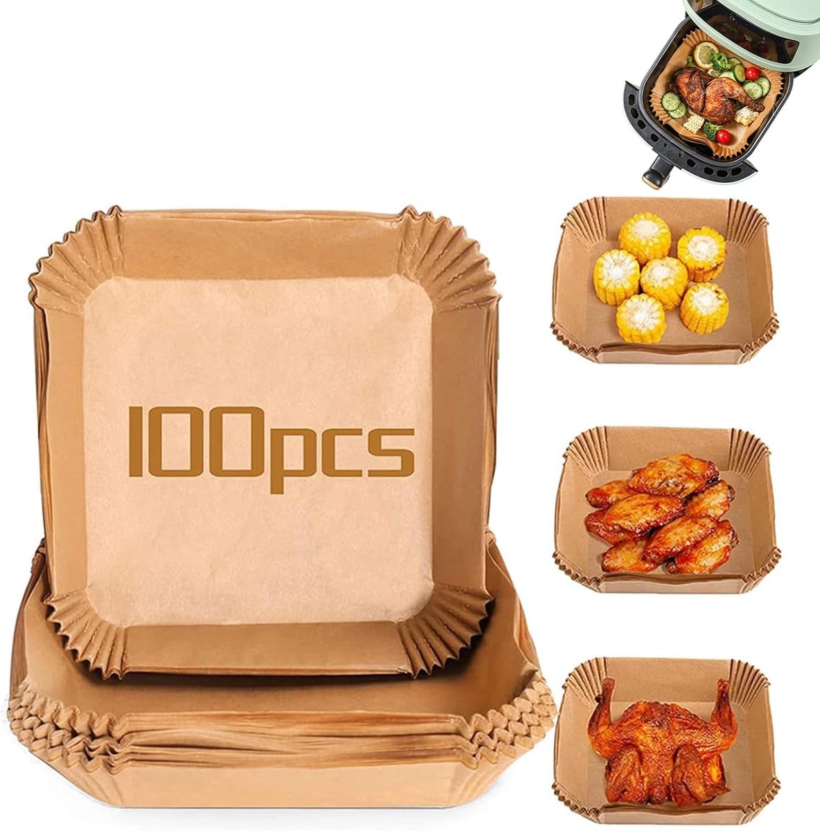 100 Stuks Bakpapier Airfryer, Bakpapier voor Heteluchtfriteuse, Bakpapier voor Heteluchtfriteuse Vierkant, Geschikt voor Gebruik in Heteluchtfriteuses, Maakt Friteuse Schoner