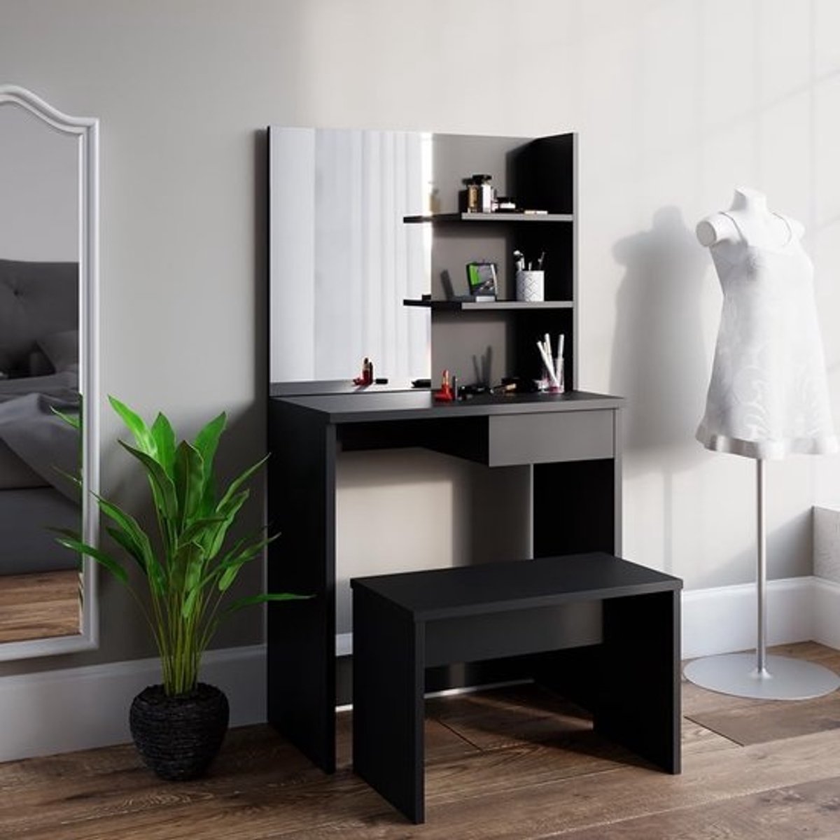 Moderne Zwarte Zitbank 70 cm voor Kaptafel of Hal
