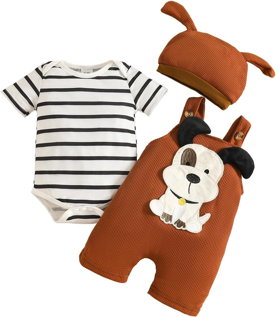 jongens overall set kleding korte mouwen gestreept bovendeel + schattige dierenprint bretels + muts 3 stuks zomer outfit 0-18 maanden
