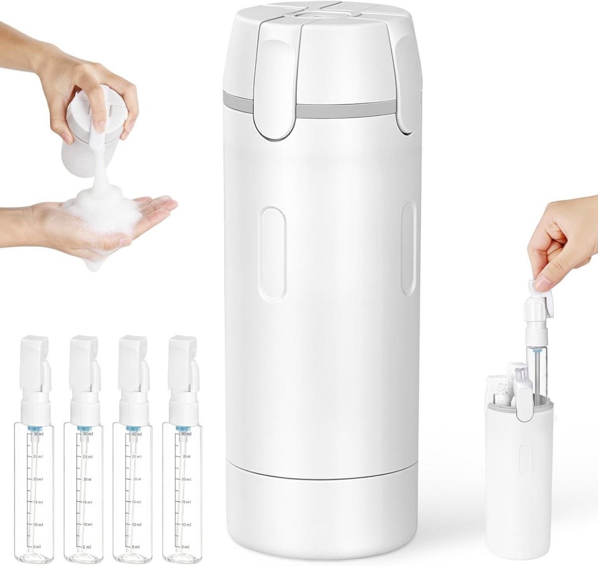 SSTRWGOOD Navulbare reisdispenser – 4-in-1 reisfles – Lekvrije reisflacon – Minidispenser met maatstreepjes en labels – Geschikt voor shampoo, douchegel en cosmetica – Wit