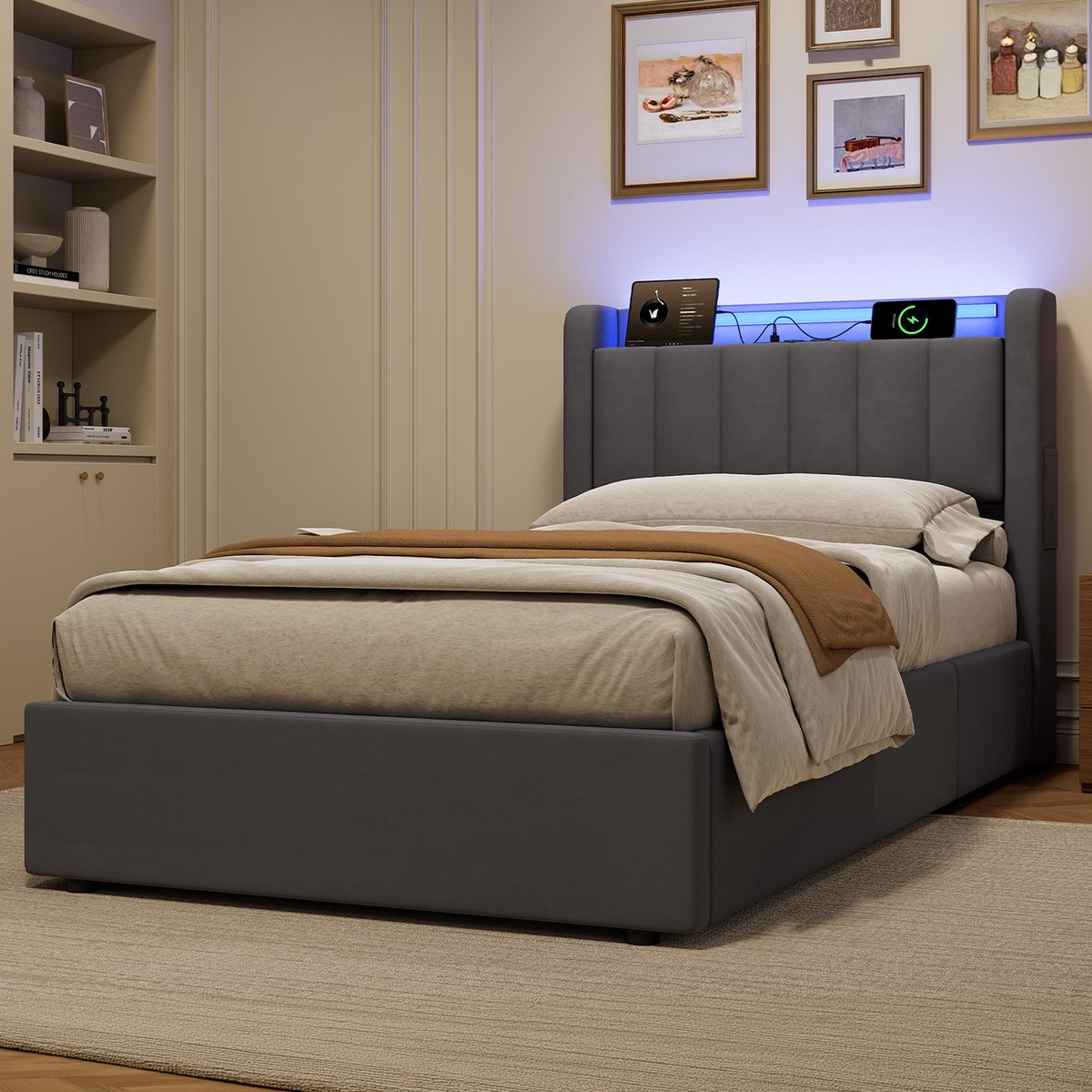 WUVRIE Gestoffeerd bed 90x200 cm met hydraulische opbergruimte, LED-verlichting en USB-aansluitingen Donkergrijs