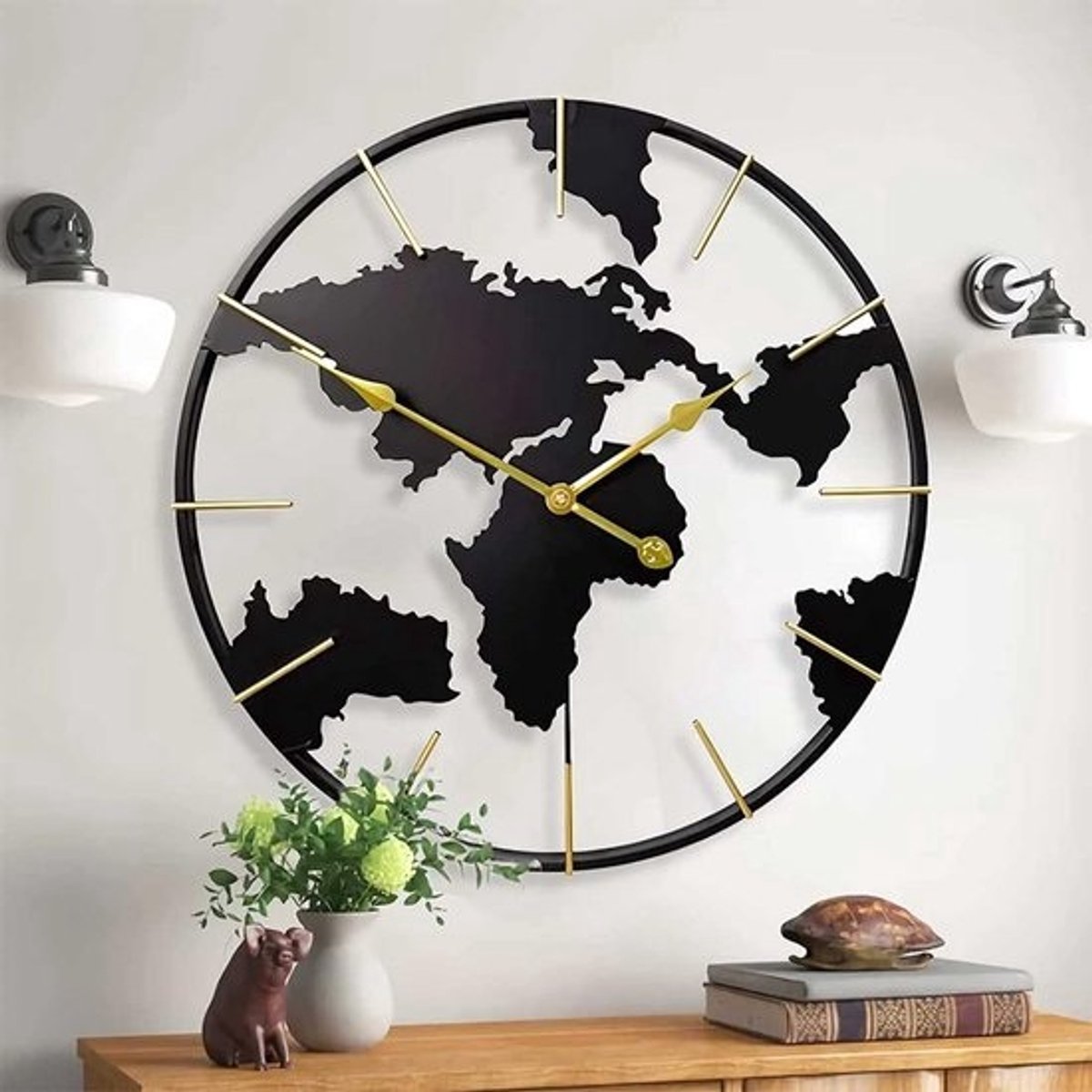 Wandklok Wereldkaart - Moderne Klok - Woonkamer Decoratie - Stil Uurwerk - 60cm Rond - Zwart