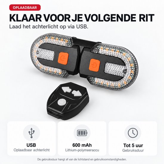 Cloudy Fietsachterlicht met Richtingaanwijzers - Draadloze Afstandsbediening - Licht- en Geluidssignaal - USB Oplaadbaar - Zwart — afbeelding 5