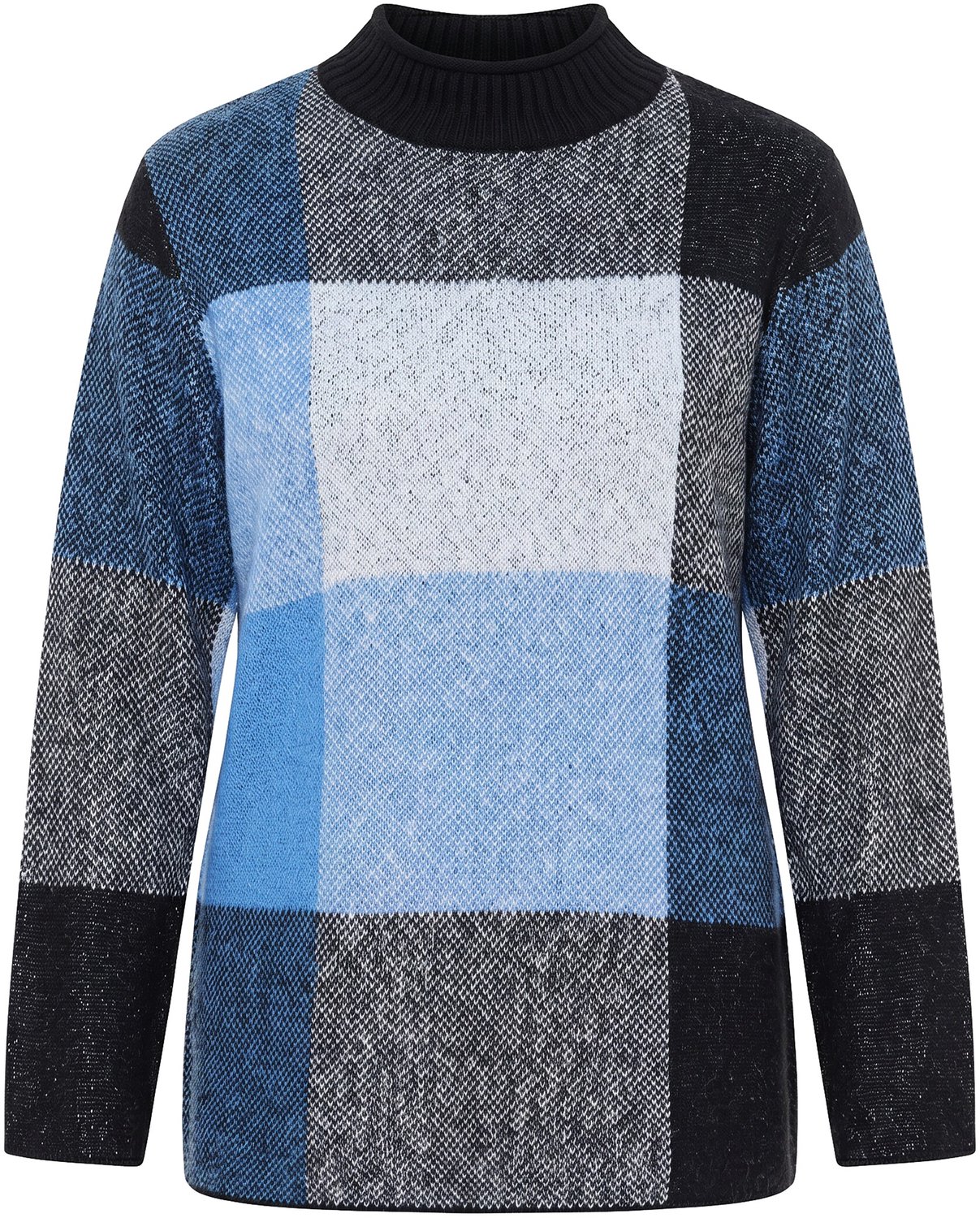Ulla Popken - Dames - Pullover ruitpatroon opstaande kraag lange mouwen - Zwart - Maat 46+