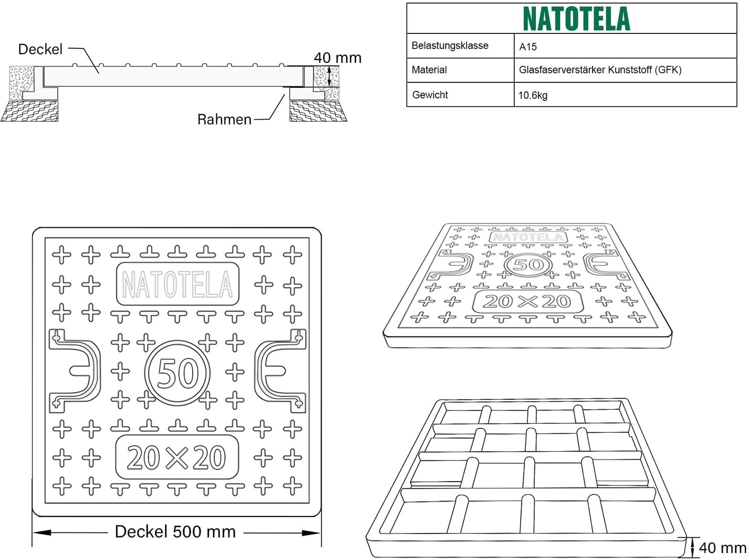 NATOTELA GFK-schachtafdekking zonder frame met handvat, 500 x 500 x 40 mm, kanaaldeksel, deksel voor septische tankdeksel, weerbestendig, duurzaam, ro
