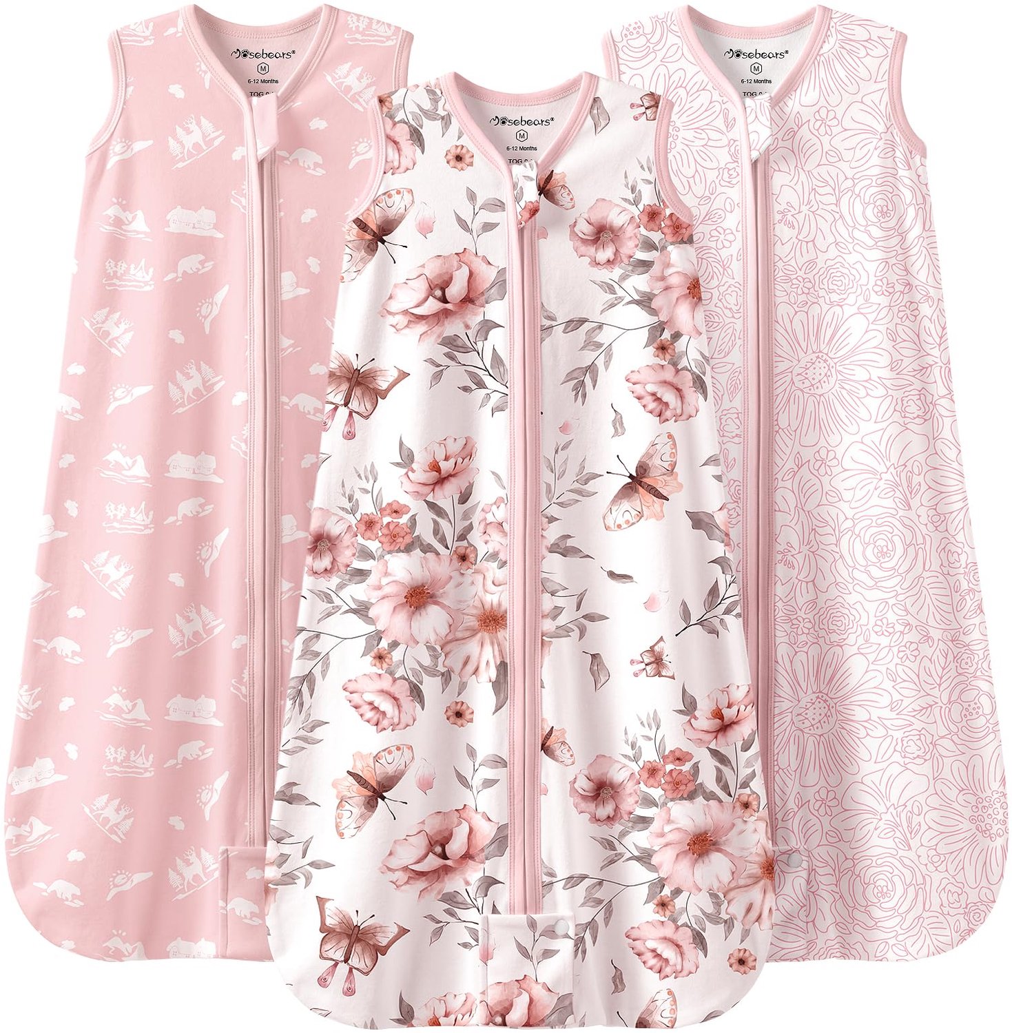 Mosebears Slaapzak voor baby's, zomerslaapzak, 0,5 TOG, babyslaapzak, 100% katoen, ademend, babyslaapzak (3 stuks, roze, L)