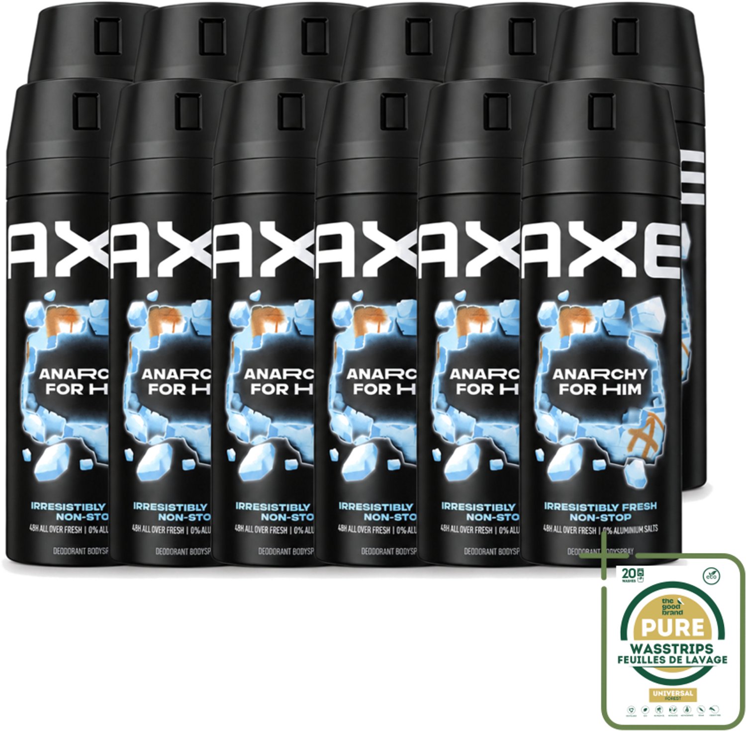 12 x Axe - Deodorant Bodyspray - 48hrs Fresh - Anarchy for Him - Dark Pomegranate & Sandalwood - 150 ml - Wasstrips - 48 Uur Frisheid - Deodorant Bodyspray - Geur Van Granaatappel - Geur Van Sandelhout - Zinktechnologie