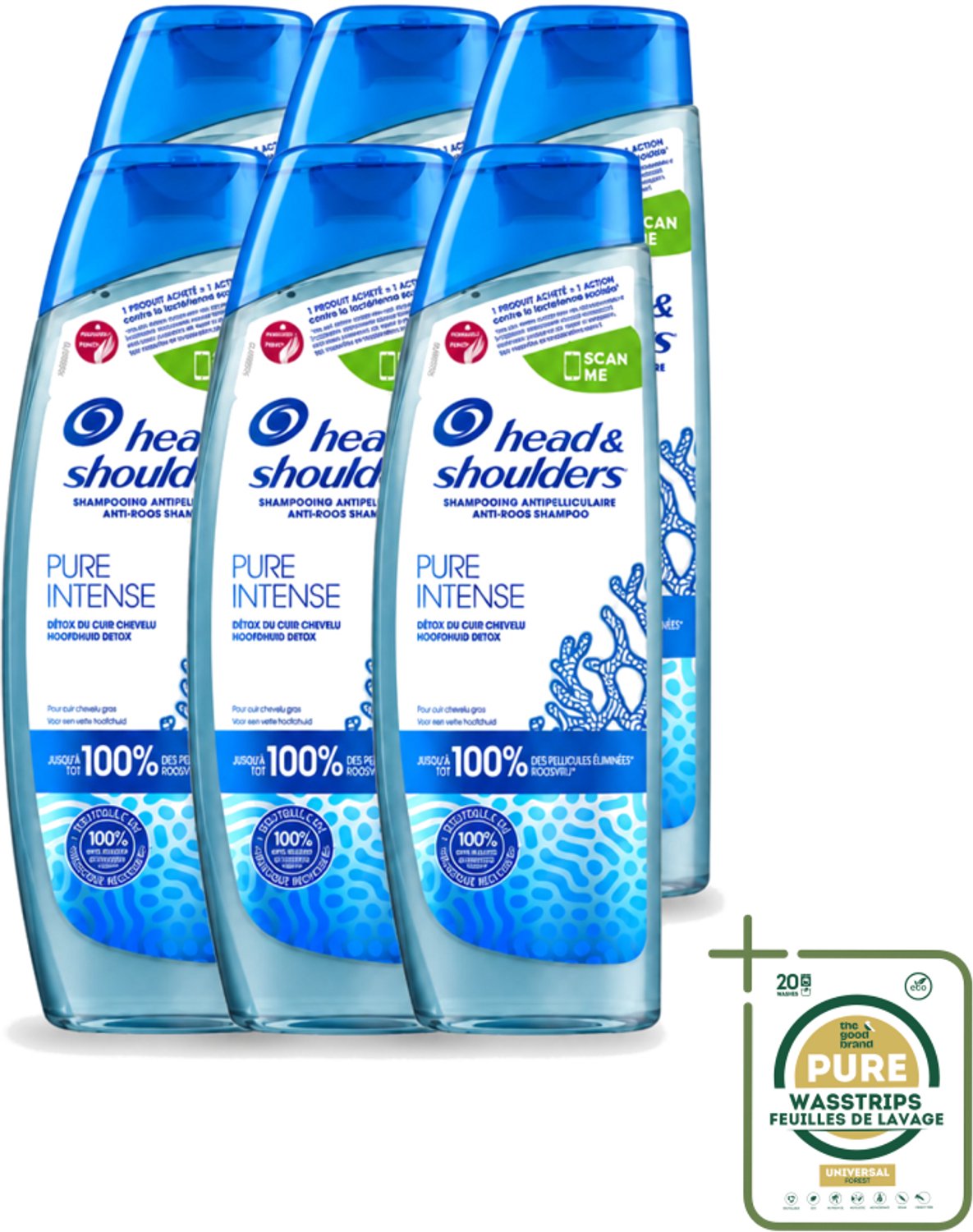 6 x Head & Shoulders - Anti-Roos Shampoo - Pure Intense - Hoofdhuid Detox - 250 ml - Wasstrips - Hoofdhuid Detox - Roosbestrijding - Hoofdhuid Reinigen - Schone Hoofdhuid - Haar Gezond