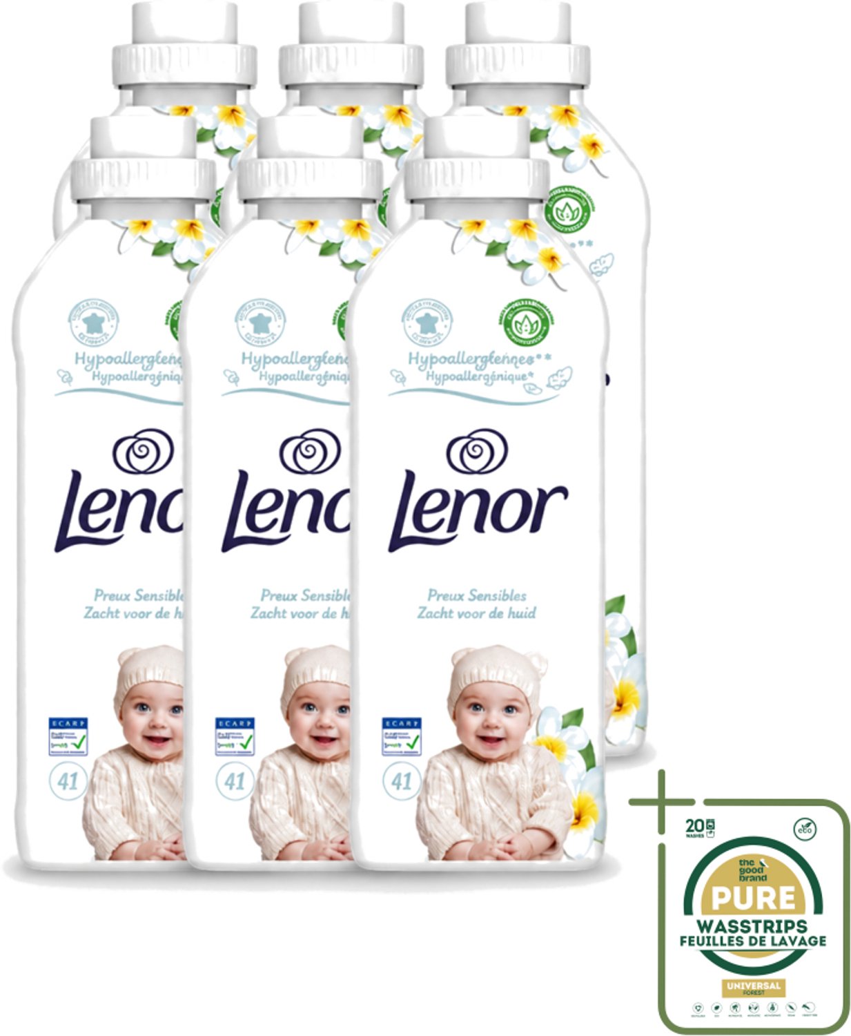 6 x Lenor - Wasverzachter - Gevoelig - Milde Geur - 41 Wasbeurten - Wasstrips - Wasverzachter - Gevoelige Huid - Hypoallergenisch - Frisheid - Zachtheid
