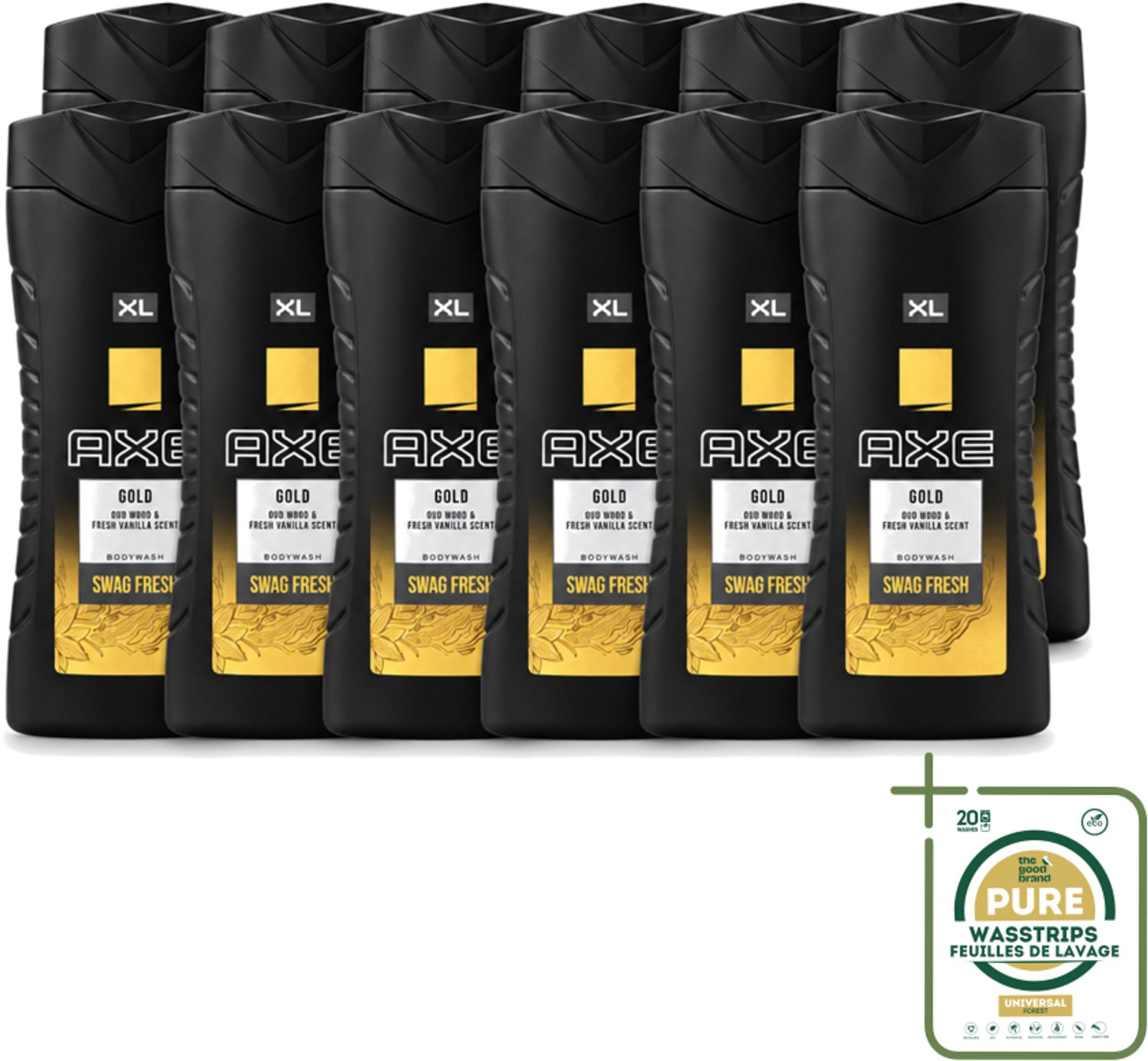 12 x Axe XL - Douchegel - Gold - Oud Wood & Fresh Vanilla - Swag Fresh - 400 ml - Wasstrips - Douchegel - Geur - Frisheid - Oud Hout - Verse Vanille