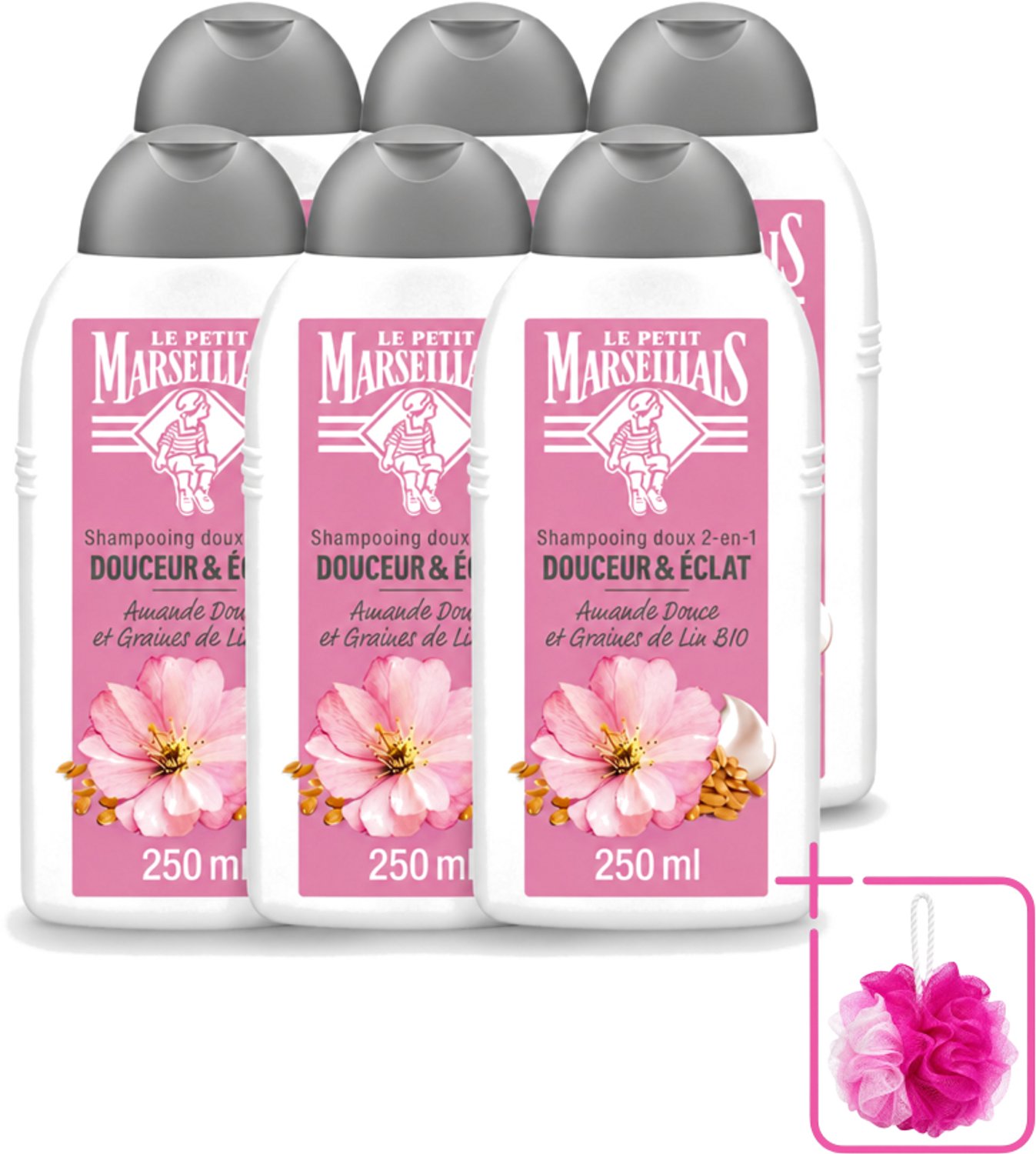 6 x Le Petit Marseillais – Shampoo – Amande Douce & Graines de Lin Bio – 250 ml - Bulkverpakking - Shampoo Amande Douce - Douchemop - Shampoo Linzaad