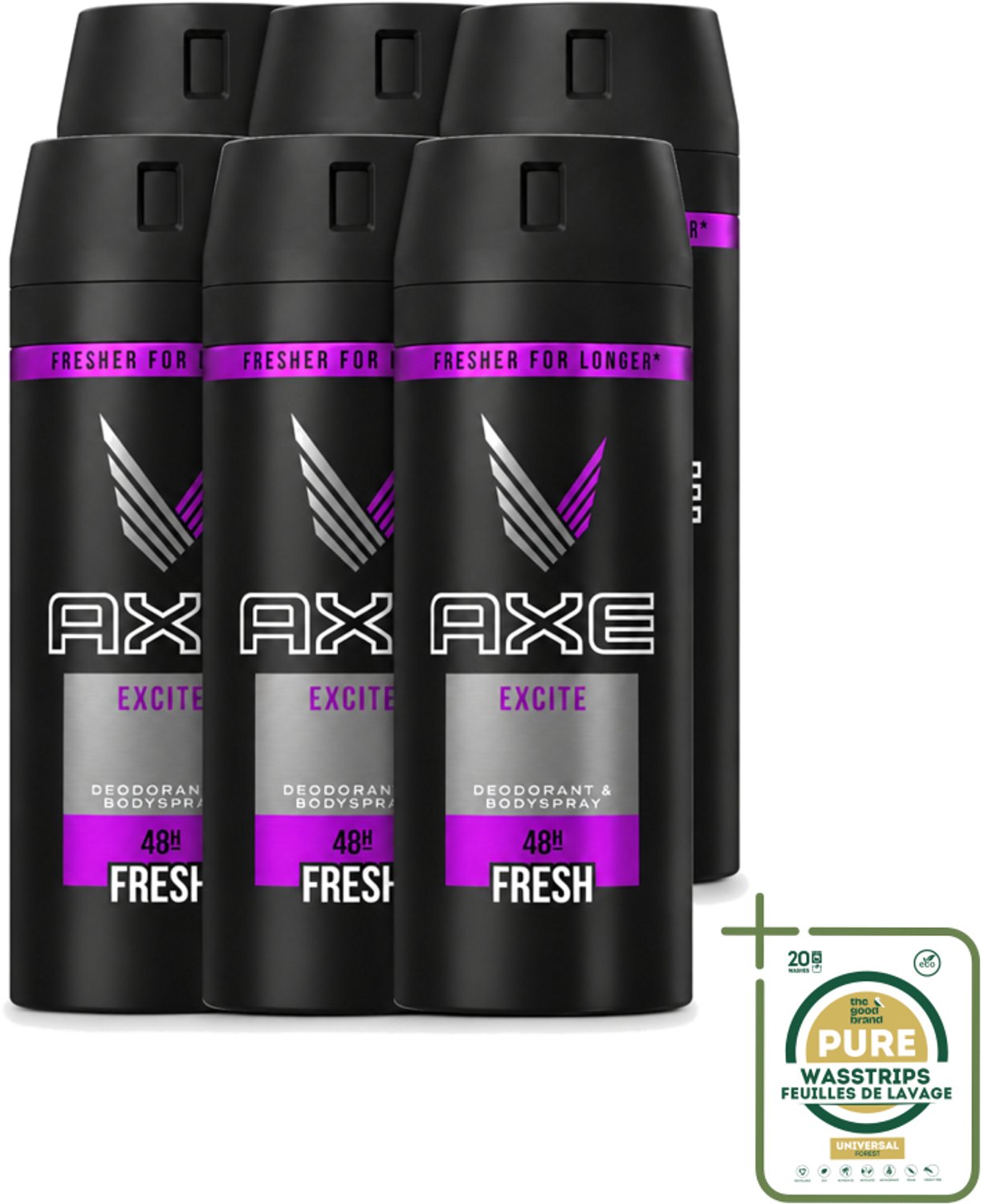 6 x Axe - Deodorant Bodyspray - 48hrs Fresh - Excite - 150 ml - Wasstrips - 48 Uur Fris - Deodorant Spray - Kokosnoot Geur - Zwarte Peper Geur - Frisheid