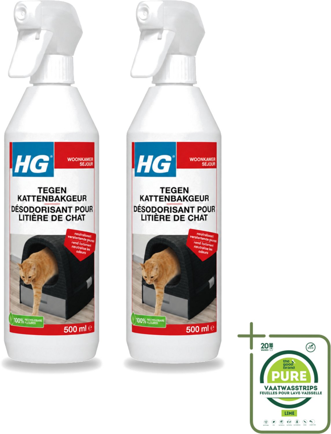 2 x HG - Tegen Kattenbakgeur - Neutraliseert Geuren - 500 ml - Grootverpakking - Vaatwasstrips - Kattenbakgeur Neutraliseren - Kattenbak Stank Weg - Geurloos Product - Kattenbak Reinigen - Kattenbak Fris Houden