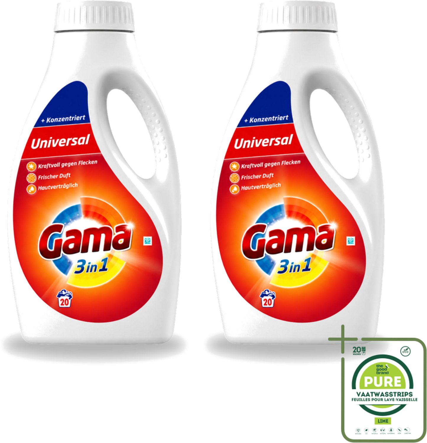 2 x Gama - Wasmiddel - 3 In 1 - Huidvriendelijk - 20 Wasbeurten - Grootverpakking - Vaatwasstrips - Wasmiddel - 3 In 1 - Huidvriendelijk - Wasbeurt - Frisheid