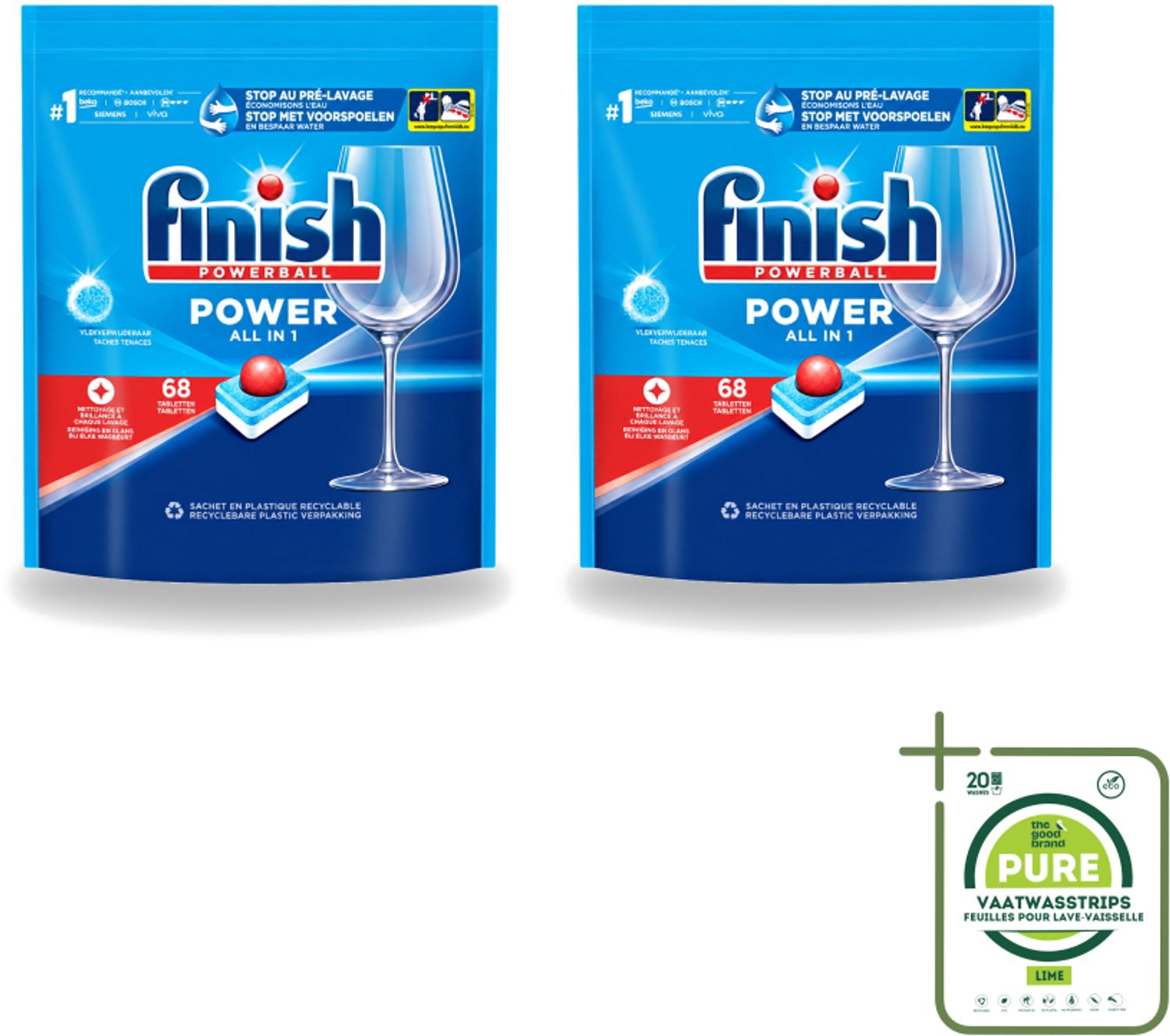 2 x Finish Powerball - Power All in 1 - Vaatwastabletten - Reiniging & Glans - 68 Tabletten - Grootverpakking - Vaatwasstrips - Vaatwastabletten - Vaat Reinigen - Vlekverwijderaar - Vaatwasmiddel - Krachtige Vaatwasmiddel