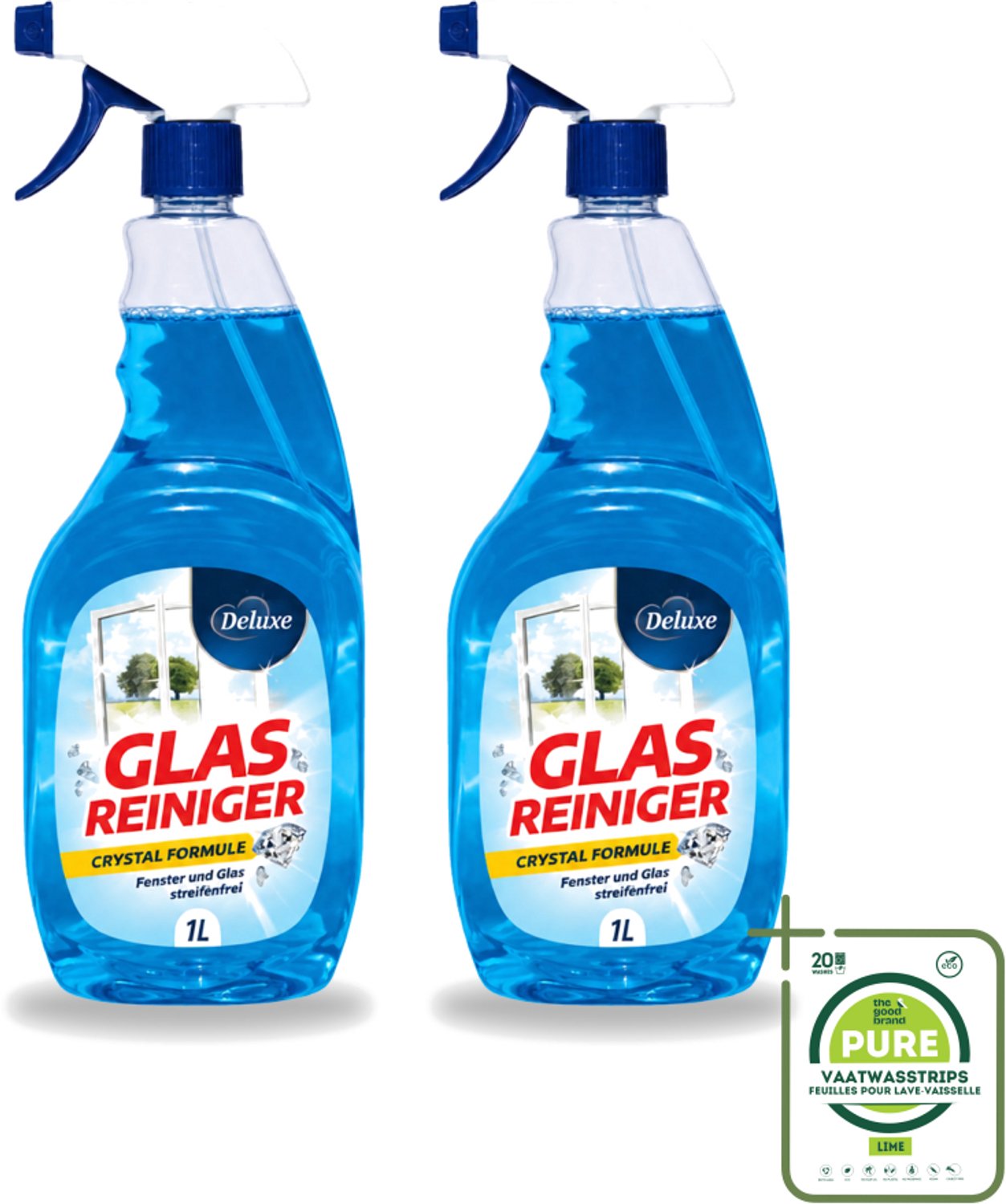 2 x Deluxe - Glasreiniger - Crystal Formule - Streeploze Glans - 1L - Grootverpakking - Streeploze Glans - Glas Reiniger - Glas Reinigen - Glas Helderheid - Glas Reiniger Crystal Formule