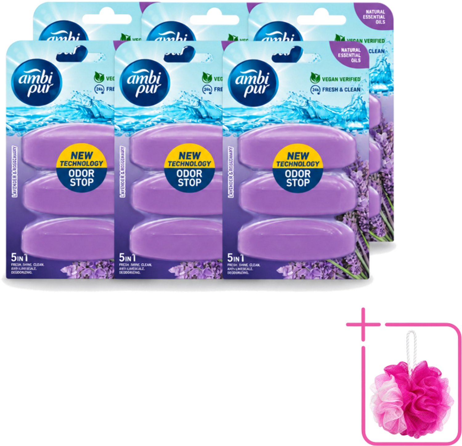6 x Ambi Pur - Navulling Toiletblok - Lavendel & Rozemarijn - 3 Blokken - Bulkverpakking - Toiletblok navulling - Douchemop - Reinigingsvulling