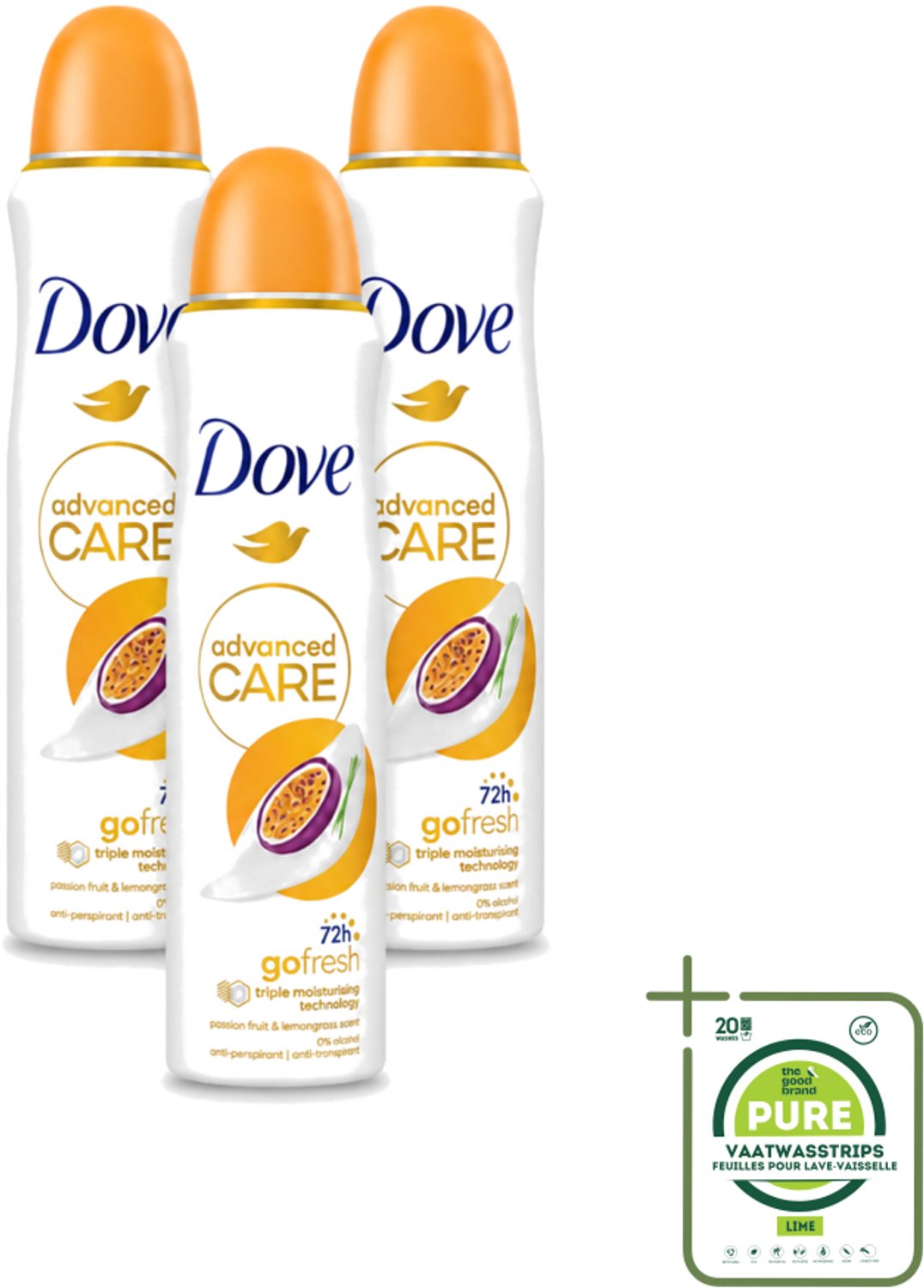 3 x Dove - Deospray - Passievrucht & Citroengras - 150 ml - Grootverpakking - Vaatwasstrips - Passievrucht En Citroengras - Anti-transpirant - Deospray - Okselbescherming - Geur