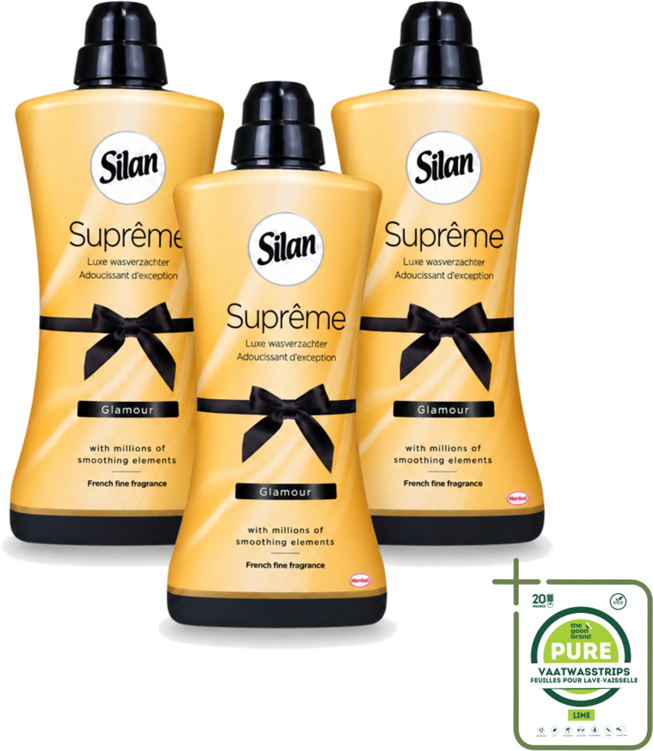 3 x Silan Suprême - Wasverzachter - Glamour - 44 Wasbeurten - 1.2L - Grootverpakking - Vaatwasstrips - Wasverzachter - Wasgoed Verzachter - Luxe Wasverzachter - Fris Wasgoed - Zijdezacht Wasgoed