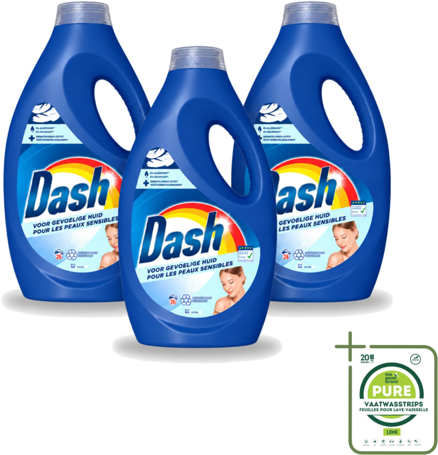 3 x Dash Sensitive - Vloeibaar Wasmiddel - Voor Gevoelige Huid - Witte en Gekleurde Was - 26 Wasbeurten - Grootverpakking - Vaatwasstrips - Gevoelige Huid - Wasmiddel - Zachte Was - Dermatologisch Getest - ECARF
