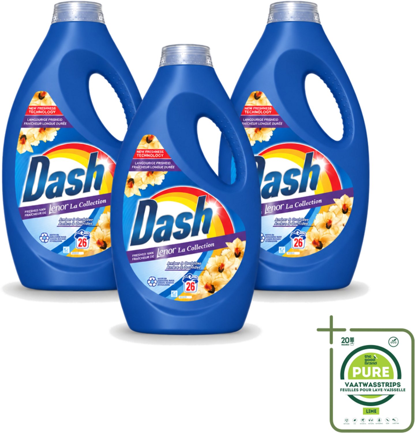 3 x Dash - Lenor Collectie - Vloeibaar Wasmiddel - Witte en Gekleurde Was - Amber & Orchidee - 26 Wasbeurten - Grootverpakking - Vloeibaar Wasmiddel - Frisheid - Wasmiddel Amber Orchidee - Wasmiddel Lenor - Wasmiddel Voor Witte En Gekleurde Kleding