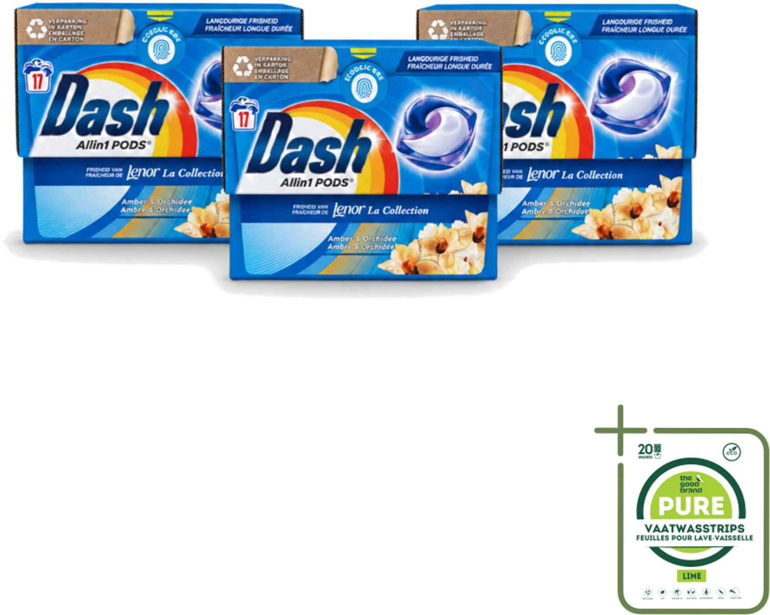 3 x Dash - Lenor Collectie - Wasmiddel Capsules - All-in-1 Pods - Witte en Gekleurde Was - Amber & Orchidee - 17 Wasbeurten - Grootverpakking - Vaatwasstrips - Wasmiddel Capsules - Wasbeurt - Vlekverwijdering - Geur - Wasmachine