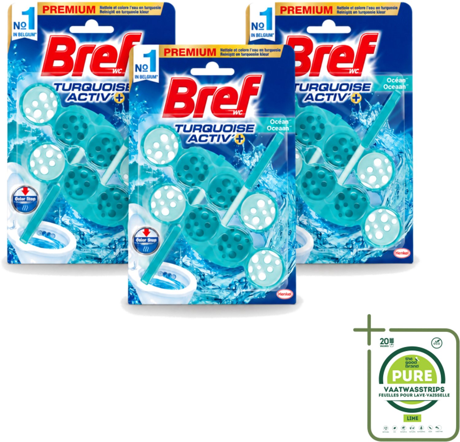 3 x Bref WC - Turquoise Activ+ - Toiletblok - Oceaan - 2 Blokken - Grootverpakking - Vaatwasstrips - Toilet - Toiletblok - Oceaanfrisheid - Reiniging - Anti-kalk