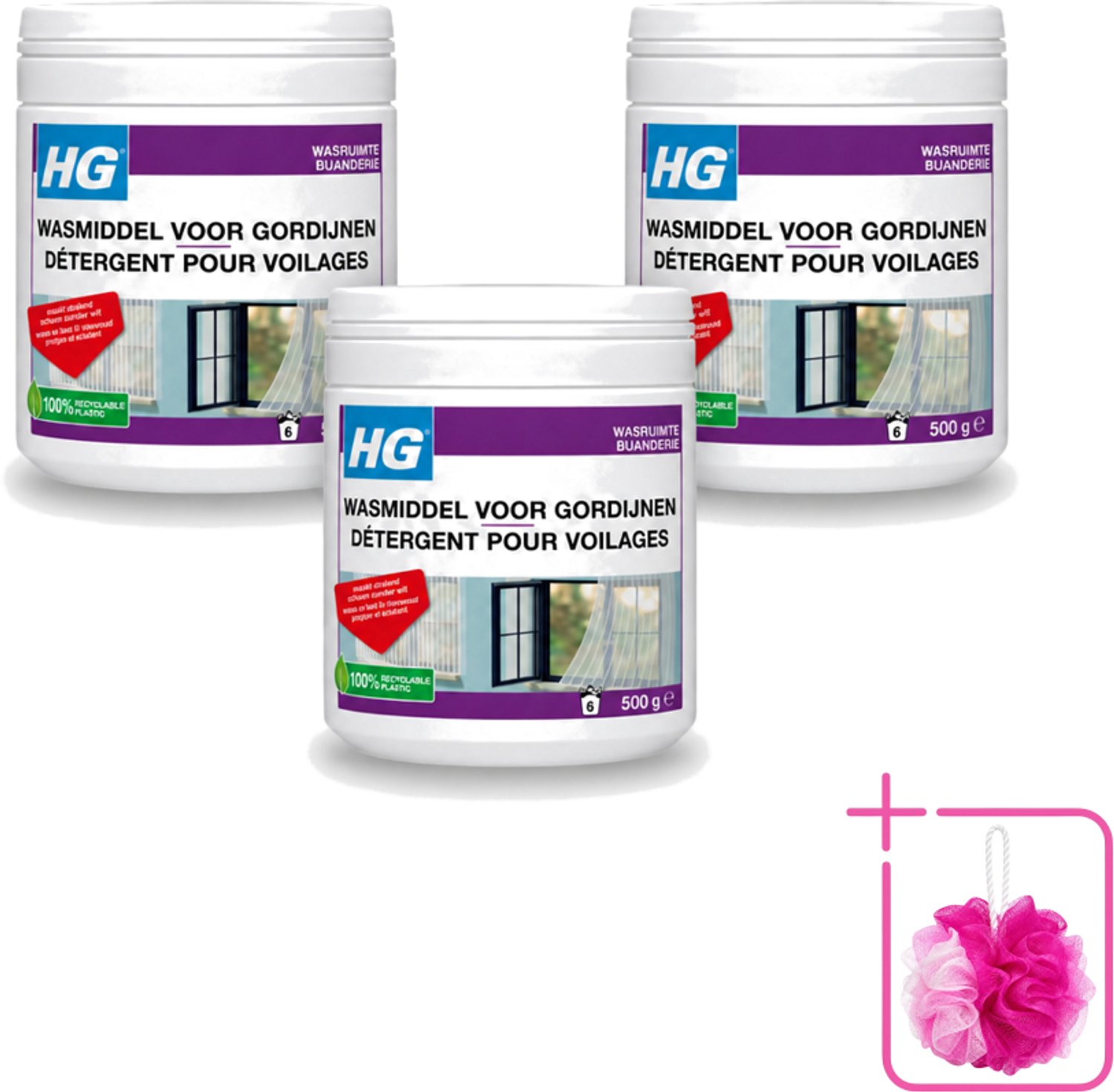 3 x HG - Wasruimte - Wasmiddel Voor Gordijnen - 500 g - Bulkverpakking - Wasmiddel vitrage - Douchemop - Reinigen vitrage